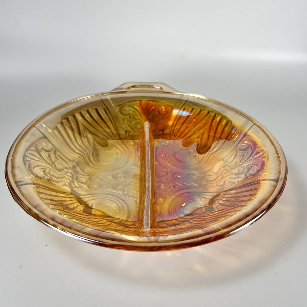 Vtg Indiana Glass Divided Candy Nut Dish Bowl Marigold Carnival Iridescent